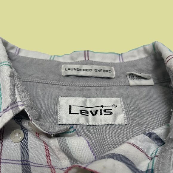 90s Levis shirt, vintage mens L plaid teal/purple casual button down - Picture 5 of 8